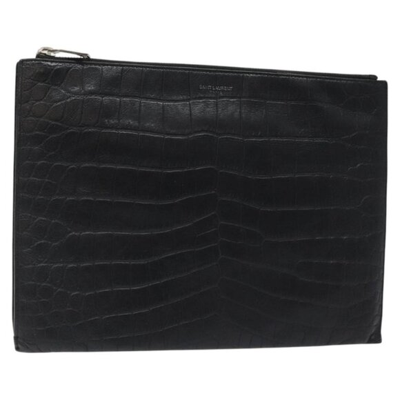SAINT LAURENT Clutch Bag Leather Black Silver Auth sw455 - Picture 1 of 16